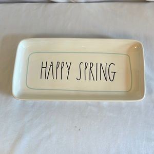 Rae Dunn HAPPY SPRING Tray Platter White Rectangular with Light Blue Outline